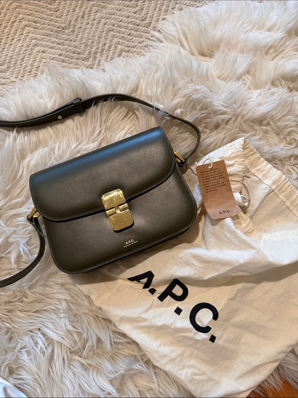 A.P.C. Olive Green “Grace” Leather Crossbody with Gold Clamp Closure